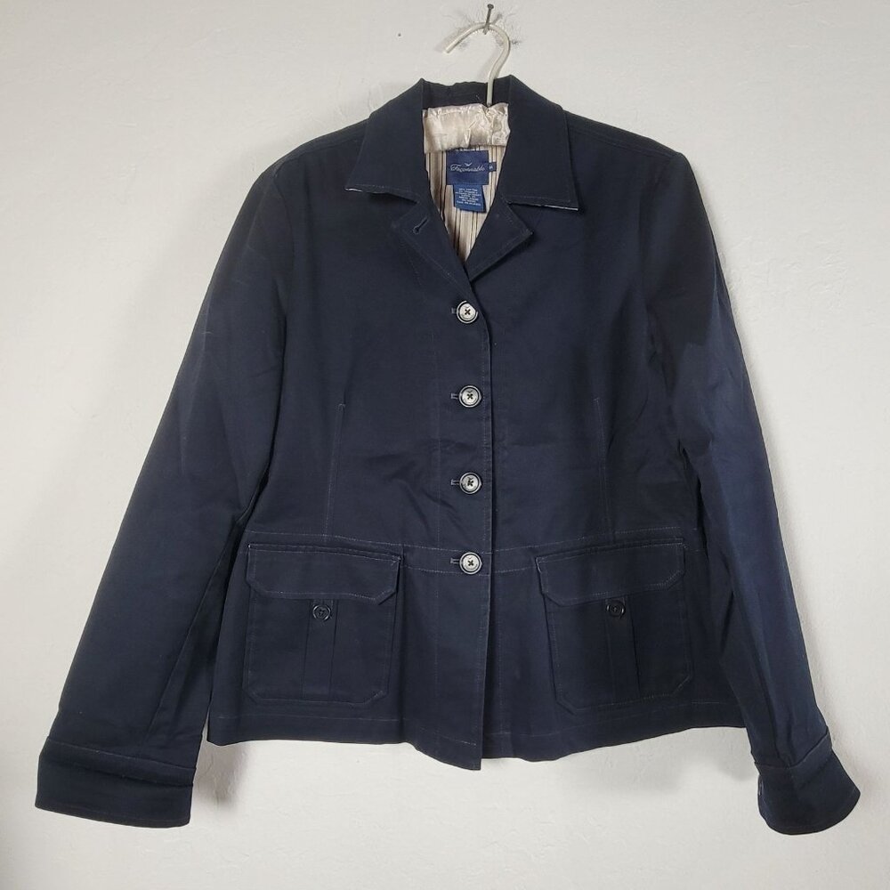 Faconnable Womens Navy Blue Cotton Blend Blazer Jacket Medium Casual Pockets